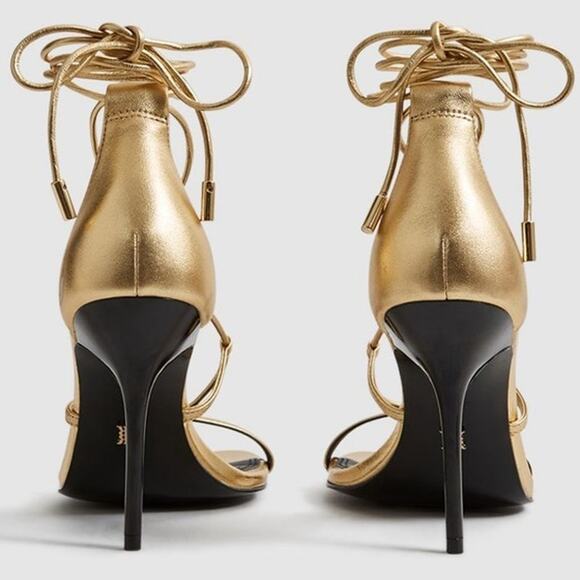 Reiss Kali Leather strappy Stiletto wrap Sandals in gold Metallic size 37 NWOT - Picture 4 of 12